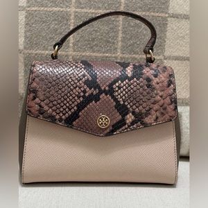 Used Tory Burch snake embossed pink handbag -top handle with strap